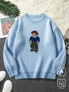 Men Casual Cartoon Bear Embellish Dropped Shoulder Loose Knit Sweater Baby Blue Casual  Long Sleeve Fabric Animal,Cartoon,Letter Pullovers Slight Stretch  Men Clothing, size features are:Bust: ,Length: ,Sleeve Length: Los Angeles Shirt, Bear Sweater, Loose Knit Sweater, Loose Knit Sweaters, Graphic Sweaters, Animal Cartoon, Cartoon Bear, Loose Knit, Autumn Fashion Casual