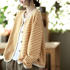 Animal Fur, Striped Sleeve, Cardigan Coat, Daily Outfits, Types Of Sleeves, Coats Jackets, Organic Cotton, Size Chart, Yellow