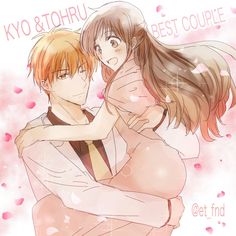 two people hugging each other in front of a pink background with words that read kyo & tohru best couple