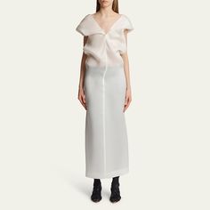 Khaite "Ima" silk midi dress features a slouched style bodice  V-neckline Short sleeves Empire waist Hem falls below the knee Silk Dry clean Made in Italy Silk Midi Dress, Empire Waist, The Knee, Dress Shop, Bodice, Tops Designs, Dry Clean, In Italy, Midi Dress