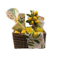 a basket filled with lemons and napkins