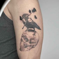 a skull with a bird sitting on it's head next to a rose and a crow