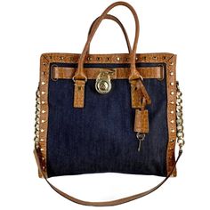 Michael Kors Leather/Denim Large Gold Studded Satchel - Fabric : Leather, Denim - Color : Brown, Blue, Gold - Condition: Excellent, Like New - Measurements : See The Picture (Approximate) Bags Michael Kors, Leather Denim, Denim Color, Colored Denim, Gold Studs, Michael Kors Bag, Blue Gold, Blue Brown, Satchel