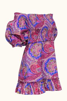 Get boho-chic with the romantic ruffled "Alona" dress from Alexis, featuring a playful off-the-shoulder design and billowy blouson sleeves. The brightly colored paisley print adds a touch of whimsy to this lightweight cotton poplin dress. Complete the look with chunky white heels for the perfect summer style. Size S 100% Cotton Unlined Off-the-shoulder Hidden back zip Smocked bodice Straight neckline Puff sleeve w/ elastic cuff Blue, yellow, red & green print Mini length Ruffled hem A-line Bust 28" Waist 28" Shoulder to hem (from neckline) 27" Sleeve length 14" Cotton Poplin Dress, Straight Neckline, White Heels, Poplin Dress, Green Print, Shoulder Design, Cotton Poplin, Perfect Summer, Paisley Print