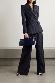 EXCLUSIVE AT NET-A-PORTER. Alex Perry re-imagines the classic pinstriped blazer with a glamorous twist. Flecked with lustrous silver threads that sparkle in the light, this double-breasted style is made from navy twill and has padded shoulders contrasted by a nipped-in waist. Wear yours with the coordinating pants. Pinstripe Suit Women, Christmas Party Outfit Casual, Edgy Work Outfits, Estilo Kardashian, Woman In Suit, Casual Party Outfit, Blazer Jackets For Women, Alex Perry, Pinstripe Suit