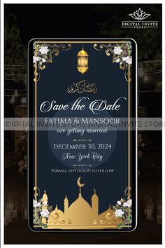 an islamic wedding card with the text save the date in gold and blue, on a dark