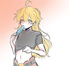 an anime character with long blonde hair brushing her teeth