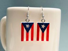 Enjoy these creative earrings everywhere you go. This item can make a great gift for friends, children and loved ones. They are made from 1.75mm plastic filament (PLA) to help capture the item's fine details.  Note: Quantity of 1 amounts to a pair of earrings Spanish Jewelry, Creative Earrings, Flag Earrings, Puerto Rican Flag, Puerto Rican, Earrings Sterling Silver, Daughter Love, Sterling Earrings, Earrings For Women