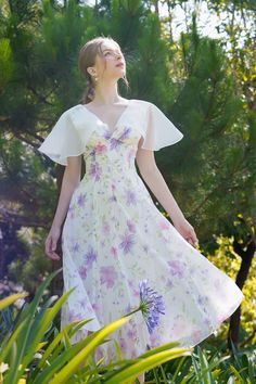 White Butterfly Sleeve Dress For Garden Party, White Dress With Butterfly Sleeves For Garden Party, White Floral Print Dress With Butterfly Sleeves, Summer Dresses With Cape Sleeves And Floral Print, Aliexpress Dresses, Frock Designs, Purple Tone, Brocade Dresses, Cape Sleeves