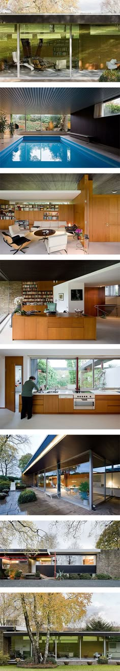 four different views of the inside and outside of a building with trees in front of it