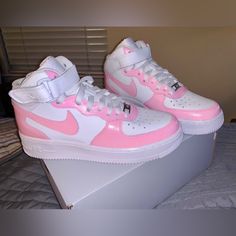 Custom Color Block Mid Air Force Ones, Hand Painted By Designsbydanixo On Etsy. Worn Twice, Perfect Condition. Open To Offers. Fitted Round Toe Sneakers For Sports, Fitted Sneakers For Streetwear With Round Toe, Custom Nike Synthetic Sneakers, Custom High-top Sneakers With Laces, Pink Shoes Nike, Nike Shoes Custom, Nike Mid, Round Toe Sneakers, Shoes Custom