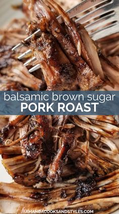 balsamic brown sugar pork roast on a white plate with fork and text overlay