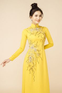 Stand out yellow beaded modern ao dai – LAHAVA Traditional Long Sleeve Ao Dai For Evening, Festive Long Sleeve Ao Dai For Evening, Festive Long Sleeve Evening Ao Dai, Fitted Long Sleeve Embellished Ao Dai, Spring Evening Ao Dai With Long Sleeves, Embellished Fitted Long Sleeve Ao Dai, Elegant Embellished Long Sleeve Ao Dai, Embroidered Long Sleeve Ao Dai For Party, Yellow Embroidered Long Sleeve Dress