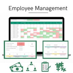 the employee management tool is displayed in front of a laptop and desktop screen with icons on it