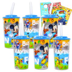 mickey mouse plastic cups with straws and stickers