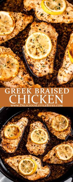 grilled chicken with lemons and herbs in a skillet