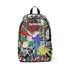 THEBLENQ GRAFFITI Unisex Fabric Backpack This simple and fashionable backpack is great for school as well as outdoor traveling. Perfect for holding a laptop and many books. Padded back panel and adjustable shoulder straps offer extra comfort and easy carrying, the backpack is lightweight and waterproof. .: Made of 15.5 oz. Soft Nylon .: Lightweight and waterproof .: Adjustable shoulder straps Trendy Multicolor Backpack For Streetwear, Urban Backpack For Students, Blue Backpack For Streetwear, Trendy Backpack For Streetwear And Back To School, Trendy Backpack For Back To School Streetwear, Urban Backpack For Back To School, Trendy Streetwear Backpack For Back To School, Blue Backpack For Back To School Streetwear, Back To School Streetwear Standard Backpack