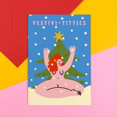 a festive - tittles christmas card with an illustration of a woman in a bathing suit