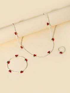 3pcs/Set Adorable Cherry Beaded Necklace, Bracelet And Ring Women Jewelry Set - Valentine's Day Gift White         Women Fashion Jewelry, size features are:Bust: ,Length: ,Sleeve Length: Fruit Necklace, Cherry Earrings, Women's Jewelry Sets, Watches Women Fashion, Flower Earrings Studs, Delicate Bracelet, Bracelet Set, Womens Bracelets, Beaded Bracelet