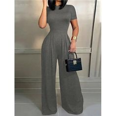 -Item Id 36284141 -Details: Backless, Pocket, Zipper -Neckline: Round Neck -Sleeve Type: Regular Sleeve -Style: Casual -Waist Line: High Waist -Color: Grey -Pattern Type: Plain -Type: Other -Sleeve Length: Short Sleeve -Length: Long -Fit Type: Regular Fit -Fabric: Slight Stretch -Material: Polyester -Composition: 95% Polyester, 5% Elastane -Care Instructions: Machine Wash Or Professional Dry Clean -Pockets: Yes -Body: Unlined -Sheer: No **Open To Offers!!!** **Bundle To Save More** **30% Off Bun Fitted High-waisted Jumpsuits And Rompers For Summer, Fitted High-waisted Summer Jumpsuits And Rompers, Casual Full-length Jumpsuit For Party, Casual Full-length Jumpsuits And Rompers For Party, Fitted Wide Leg Jumpsuit Or Romper In Solid Color, Wide Leg Stretch Jumpsuits And Rompers In Solid Color, Stretch Wide Leg Jumpsuits And Rompers In Solid Color, Stretch Solid Color Wide Leg Jumpsuits And Rompers, Fitted Full Length Jumpsuits And Rompers