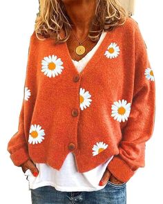 PRICES MAY VARY. 【Material】:Womens Long Sleeve Daisy Flower Cardigan Sweaters is made of High-quality and soft materials, comfortable and durable, make it the perfect choice for football season and everyday wear. 【Features】:women's knitted sweater, v neck long sleeve open front button casual loose cardigan, long sleeve, button down closure, cute knitted cardigan for women teen girls. 【Match】:You can wear this Daisy Flower Cardigan Sweaters. Perfect with jeans, tights, shorts, leggings or skirts. Temu Clothes, Plus Size Aesthetic, Granny Chic Fashion, Eclectic Clothing Style, Sweaters Plus Size, Women Fall Fashion, Grandma Clothes, 30s Style, Tights Shorts