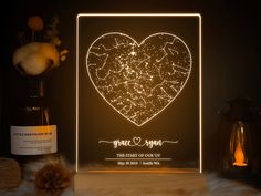 a personalized night light with a heart shaped star map