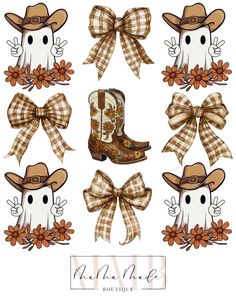 four cowboy boots with bows and flowers in the middle, one is wearing a hat