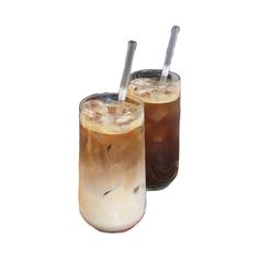 two glasses filled with iced coffee sitting next to each other