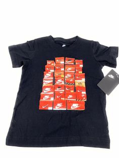 Nike Short Sleeve T-Shirt Boys Sz 4. Black with Nike boxes on the front. New Cotton Tops With Graphic Design, Cotton Graphic Design Top As Gift, Casual Logo Print T-shirt For Gift, Casual Logo Print T-shirt As Gift, Casual T-shirt With Logo Print For Gift, Nike Boxes, Nike Sweatsuit, Nike Box, Cute Nike