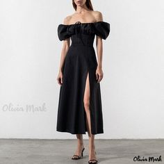 Olivia Mark - Chic Black Vacation Maxi Dress with Split Bubble Sleeves and Halter Neck Hipster Dress, Vacation Maxi Dress, Short Sleeve Summer Dresses, Midi Sundress, Solid Color Dress, Split Dress, Slim Dresses, White Midi Dress, Summer Dresses For Women