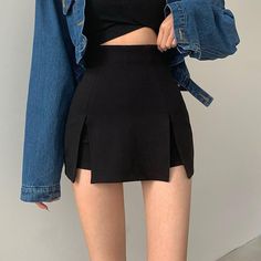 Plus Size Black Skirt, Skirt Streetwear, Short Black Skirt, Haine Diy, Black High Waisted Shorts, Streetwear Summer, Split Skirt, Hem Design, Linnet