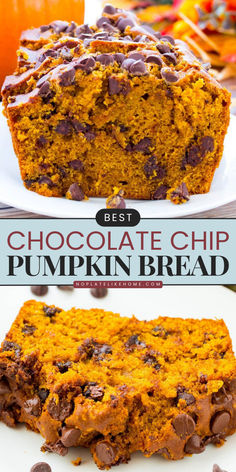 Learn how to make the Best Chocolate Chip Pumpkin Bread for a simple pumpkin dessert! This homemade bread is moist and full of pumpkin spice flavors and melted chocolate chips. It makes a simple Fall recipe or Thanksgiving dessert idea! Once Upon A Chef Pumpkin Bread, Pumpkin Chocolate Chip Bread Great Harvest, Pumpkin Chip Bread, Pumpkin Chocolate Loaf Recipe, Chocolate Chips Pumpkin Bread, Gf Pumpkin Chocolate Chip Bread, Pumpkin Spice Chocolate Chip Bread, Pumpkin And Chocolate Chip Bread, Everything Pumpkin Recipes