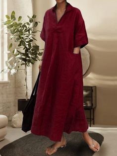 Red Maxi Dress Red Shift V-neck Dress, Red Shift Dress With V-neck, Red Short Sleeve Midi Dress, Short Sleeve Red Midi Dress, Red Non-stretch Short Sleeve Midi Dress, Cotton V-neck Shift Maxi Dress, Red Solid Color Maxi Dress, Cotton V-neck Maxi Dress, Red Non-stretch Casual Dress