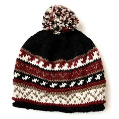 Handknit Wool Patterned Stocking Hat with fleece lining - Black Black Beanie With Fleece Lining, Black Beanie With Fleece Lining For Cold Weather, Winter Beanie With Fleece Lining, Cozy Warm Black Beanie, Wool Hats With Fleece Lining For Cold Weather, Winter Wool Beanie, Cozy Hats With Fleece Lining For Fall, Cozy Hats With Fleece Lining For Cold Weather, Cozy Fleece-lined Hats For Cold Weather