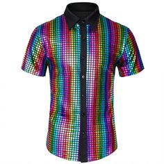 PRICES MAY VARY. Short Sleeve Disco Shirt Mens sequin shirts is a 70s style with button down, foldable collar,loose and easy to match, vintage metallic sequin design, let you shine in the stage, more eye-catching under the light, the best choice for disco party. Glitter 70s outfits for men, perfect for stage performance Nightclub Party Disco Party Rave Halloween Christmas Party. Please choose your size carefully according to our Size Chart before you order. Mens sequin shirts Mens Disco Outfit, Disco Style, Sequin Short, 70s Shirts, Disco Shirt, 70s Outfits, Nightclub Party, 70s Disco, Sequin Shirt