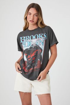 Brooks & Dunn Graphic Tee Spring Graphic Print T-shirt For Rodeo, Graphic Print Crew Neck T-shirt For Country Concerts, Trendy Relaxed Fit T-shirt For Rodeo, Spring Letter Print T-shirt For Rodeo, Spring Graphic Tee For Rodeo, Graphic Tee For Rodeo And Spring, Spring Rodeo Graphic Tee, Casual Distressed Tops For Rodeo, Graphic Print Crew Neck T-shirt For Rodeo