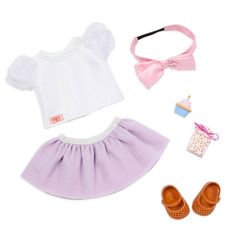 a doll outfit and accessories are laid out on a white surface