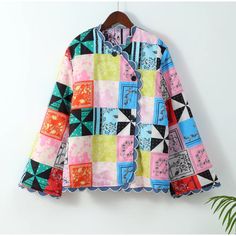 Square Printed Patchwork Buttoned Jacket Filling: COTTON Decoration: Spliced Color: Multicolor Size: S,M,L Gender: Female Age: Adult Fit Type: Loose Sleeve: Full Neck: Round Care: Handwash Spring Outerwear With Color Matching And Long Sleeves, Spring Long Sleeve Outerwear With Color Matching, Spring Cotton Outerwear With Contrast Color, Multicolor Cotton Outerwear With Stand Collar, Multicolor Long Sleeve Outerwear With Color Matching, Multicolor Cotton Color Block Outerwear, Spring Outerwear With Patchwork And Stand Collar, Spring Patchwork Outerwear With Stand Collar, Cropped Jackets