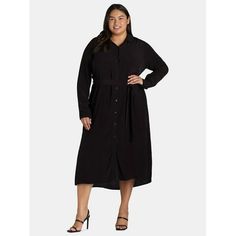 Step into effortless elegance with our Time and Tru Women's Midi Shirt Dress with Side Slits. Designed for everyone who values both style and comfort, this versatile piece seamlessly blends sophistication with laid-back charm. Crafted with long sleeves, it's perfect for transitioning between seasons, offering a chic silhouette that flatters every figure. Size: 2X.  Color: Black.  Gender: female.  Age Group: adult. Black Shirt Dress Outfit, Shirtdress Outfit, Shirt Dress Outfit, Cheap Fabric, Dress With Long Sleeves, Figure Size, Women Midi, Effortless Elegance, Midi Shirt Dress