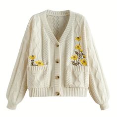 Super Cute And Perfect For The Colder Weather Cottagecore Cardigan, Fashion Cottagecore, Cottagecore Outfit, Drop Shoulder Cardigan, Cream Colored Sweater, Aesthetic Cottagecore, Cottagecore Fashion, Cardigan Casual, Pullover Outfit