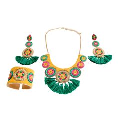 Add some tropical style to your life with this bright and colorful set of jewelry. This jewelry set comes with a necklace, earrings, and a bracelet that features tropical-colored beads and green fringe accents. Match them to our famous Tropicana Scarf and bring your tropical dreams to life. Features: Necklace has 6 inch extender Vibrant and bold colored beads Adjustable bracelet Light weight Customer satisfaction is our number one priority, and we will be happy to provide more information on any Yellow Fringe Jewelry For Party, Green Fringed Beach Jewelry, Multicolor Bohemian Jewelry For Summer, Adjustable Tassel Jewelry For Beach, Adjustable Tassel Jewelry For The Beach, Yellow Tassel Beach Jewelry, Yellow Tassel Jewelry For Beach, Multicolor Fringe Dangle Jewelry, Tassel Jewelry For Vacation