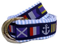 Classic Blue Seersucker fabric belt with preppy Nautical Flag ribbon D-Ring style buckles (brass or polished steel available) Please order your "waist size" we will size up for you Proudly made in the U.S.A. This unique blue seersucker nautical flag belt was designed by us and made for you! This fabric belt is from our Signature Series Line. Each belt is hand made and made to order. Easily show off your casual style and pair this belt with any style khakis, jeans or your favorite cargo short. Ea Nautical Belt, Nautical Flag, Military Belt, Nautical Flags, D Ring Belt, Kids Belt, Seersucker Fabric, Ring Belt, Ribbon Belt