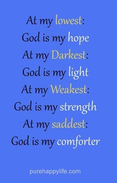 a blue background with the words at my lowest god is my hope at my darkest god is my light at my weakest god is my strength