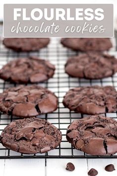 chocolate cookies cooling on a wire rack with text overlay that reads flourless chocolate cookies