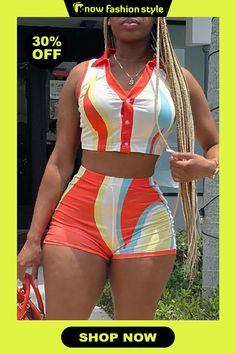 Colorblock Print Turndown Collar Sleeveless Buckle Tank Crop Tops And Shorts Two Pieces Shorts Sets Summer Silhouette, Tops And Shorts, Lapel Top, Two Piece Short Set, Shorts Sets, Sleeveless Suit, Colorful Crop Tops, Block Color, Crop Top And Shorts