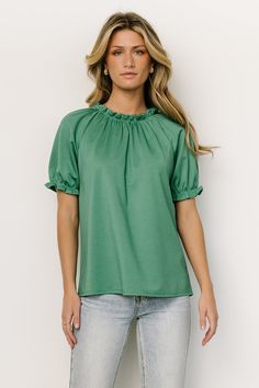 Vincent Top | Green | Baltic Born Ruffles Sleeves, Baltic Born, Solid Green, Green Material, Ruffled Sleeves, Cup Size, Green Color, Round Neckline, Green Colors