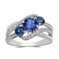 Sterling Silver Round Created Blue and White Sapphire Bypass 3-Stone Ring Born In September, 3 Stone Rings, Bypass Ring, Special Ring, September Birthstone, White Sapphire, Stone Rings, Diamond Rings, Ring Sets