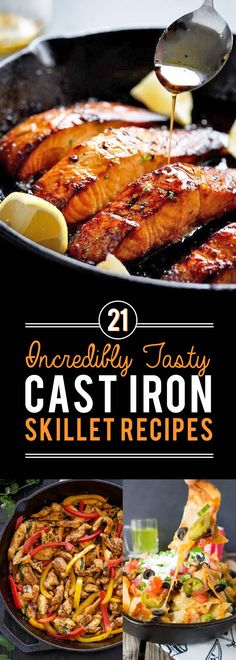 an iron skillet with meat and vegetables cooking on it, next to the words cast iron skillet recipes