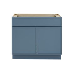 a blue cabinet with two doors and one drawer