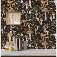 the wallpaper is very colorful and has mushrooms, plants and other things on it